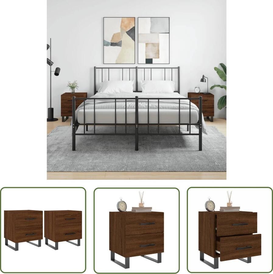 The Living Store Nachtkastjes Bruineiken 40 x 35 x 47.5 cm Duurzaam Hout Lades Displayfunctie Metalen Voeten Nachtkastjes Kastjes Meubilair Bedroom Furniture Houten Kasten - Foto 3