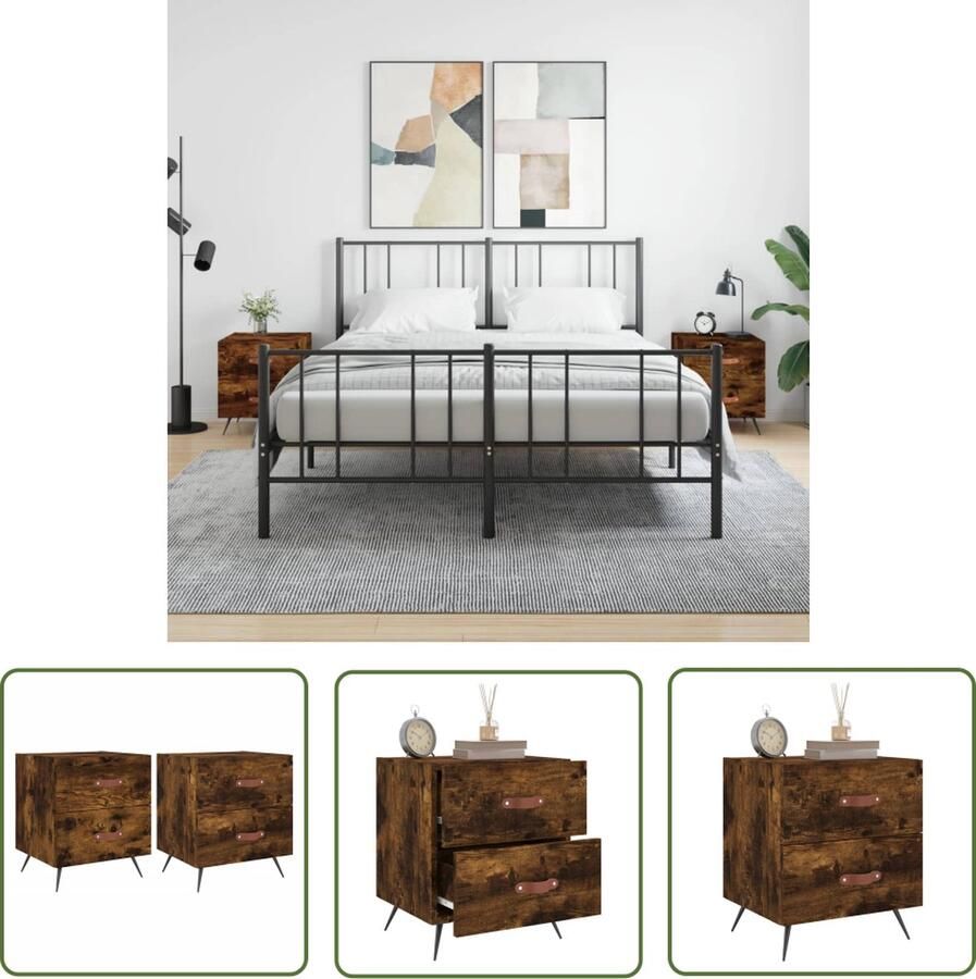 The Living Store Nachtkastjes Gerookt eiken 40 x 35 x 47.5 cm (B x D x H) Metalen voeten Nachtkastjes Kastjes Meubilair Slaapkamermeubilair Houten Meubilair - Foto 2