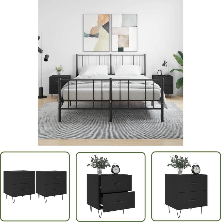 The Living Store Nachtkastjes Zwart Bewerkt Hout Ijzer 40 x 35 x 47.5 cm Duurzaam Materiaal Veel Opbergruimte Displayfunctie Metalen Voeten Nachtkastjes Kastjes Meubilair Slaapkamers Houten Meubels - Foto 5