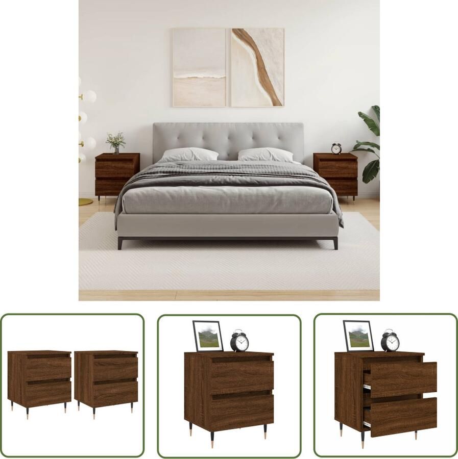 The Living Store Bedkastjes Bruineiken Set van 2 Bewerkt Hout 40 x 35 x 50 cm 2 Lades Nachtkastjes Kastjes Houten Meubilair Bruin Meubel Bedroom Furniture - Foto 2