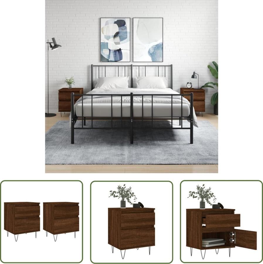 The Living Store Nachtkastjes 2 st 40x35x50 cm bewerkt hout bruin eikenkleur Nachtkastjes Kastjes Salontafel Houten Meubilair Bruin Meubilair
