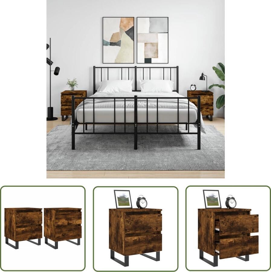 The Living Store Nachtkastjes Gerookt Eiken 40 x 35 x 50 cm Bewerkt Hout en IJzer Nachtkastjes Kastjes Houten Nachtstand Bruine Nachtkast Slaapkamermeubel - Foto 2