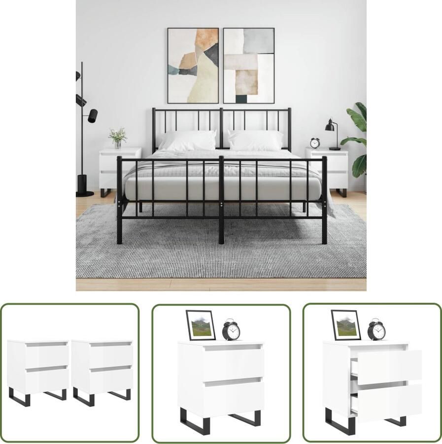 The Living Store Nachtkastjes Hoogglans wit 40 x 35 x 50 cm Bewerkt hout en ijzer Nachtkastjes Kastjes Slaapkamermeubel Houten Nachttafel Wit Meubel - Foto 2