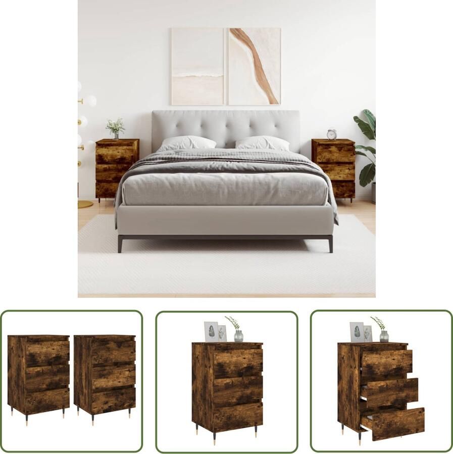 The Living Store Nachtkastjes 2 st 40x35x69 cm bewerkt hout gerookt eikenkleurig Nachtkastjes Kastjes Houten Meubilair Bruine Meubelen Slaapkamers - Foto 2