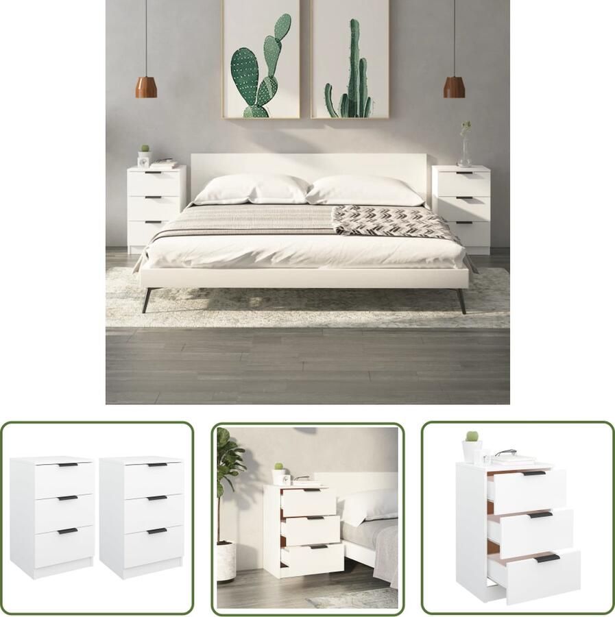 The Living Store Nachtkastjes Praktische Bruikbaarheid Nachtkastje 40x36x65 cm Wit Nachtkastjes Kastjes Slaapkamermeubel Houten Meubel Witte Meubels - Foto 2