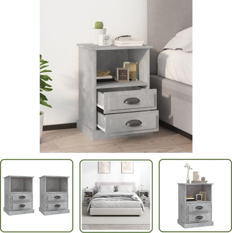 The Living Store Nachtkastjes Betongrijs Hout 43 x 36 x 60 cm 2 lades Nachtkastjes Kastjes Bedkanten Meubelstukken Kamermeubilair - Foto 2