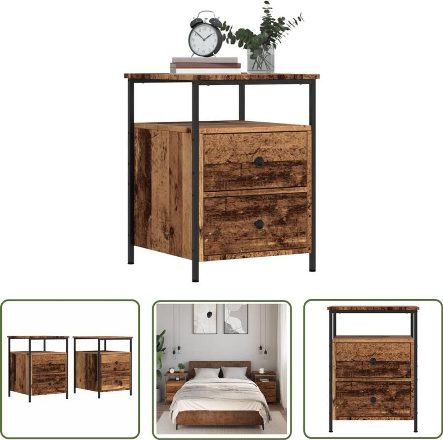 The Living Store Nachtkastjes 2 st 44x45x60 cm bewerkt hout oud houtkleurig Nachtkastjes Kastjes Slaapkamerdecoratie Houten Meubilair Vintage Meubilering