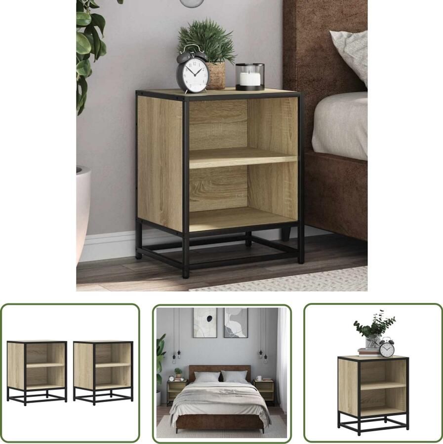 The Living Store Nachtkastjes 2st 40x31x50cm bewerkt hout en metaal sonoma eiken Nachtkastjes Kastjes Salontafel Houten Meubilair Bedroom Furniture