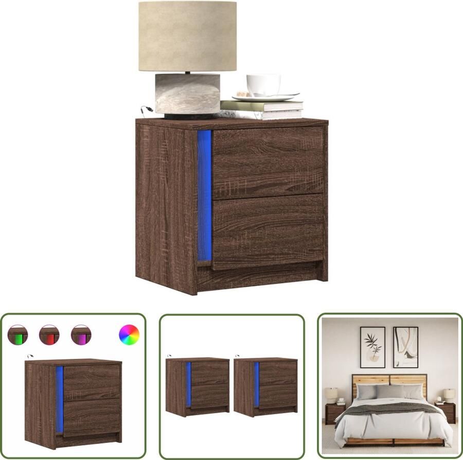 VidaXL Nachtkastjes met LED 2 st bewerkt hout bruin eikenkleur Nachtkastjes Kastjes Houten Meubilair Bedroom Furniture Led Verlichting