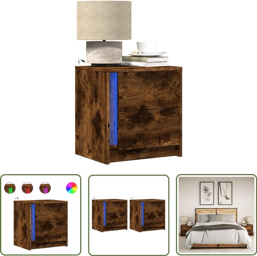 VidaXL Nachtkastjes met LED 2 st bewerkt hout gerookt eikenkleurig Nachtkastjes Kastjes Led Lampen Houten Meubilair Kamerdecoratie