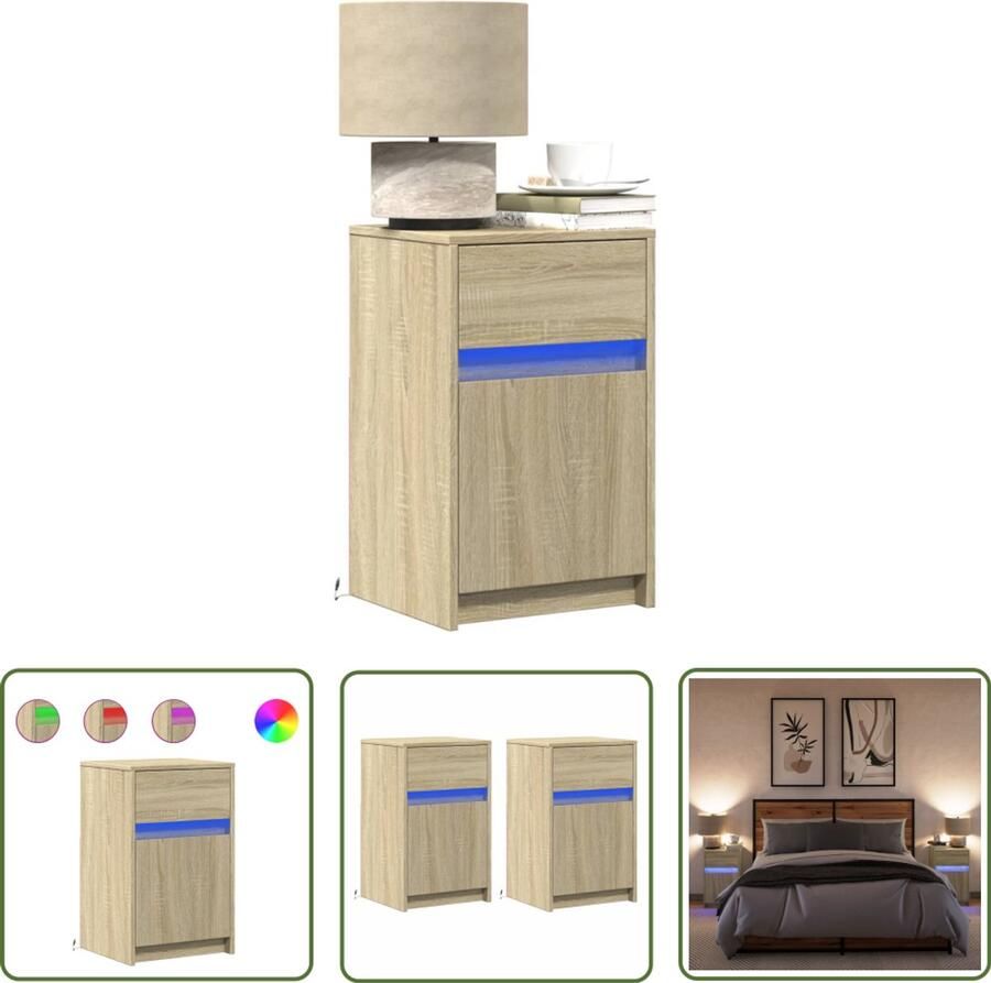 VidaXL Nachtkastjes met LED-verlichting 2 st bewerkt hout sonoma eiken Nachtkastjes Kastjes Salontafel Led Verlichting Sonoma Eiken