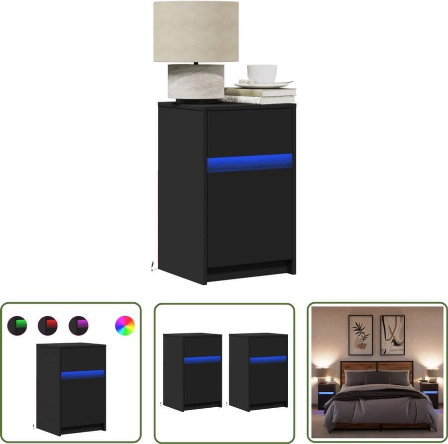 VidaXL Nachtkastjes met LED-verlichting 2 st bewerkt hout zwart Nachtkastjes Kastjes Zwarte Nachtkastjes Houten Nachtkastjes Led Lampen