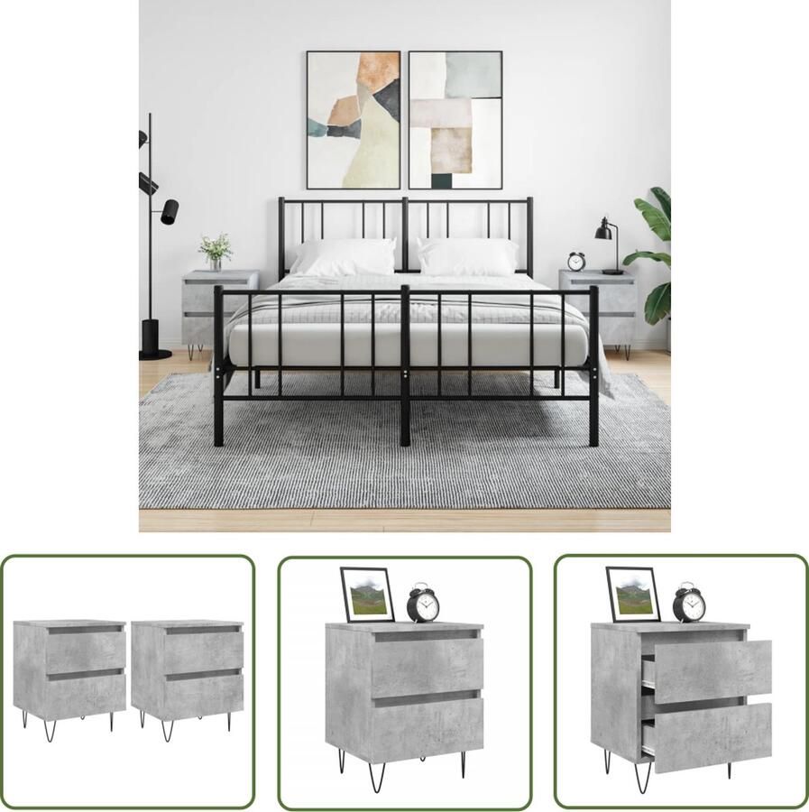 The Living Store Nachtkastjes Bedkasten Betongrijs 40 x 35 x 50 cm Bewerkt hout en ijzer Nachtkasts Kastjes Slaapkamermeubel Houten Nachtstand Beton Grijs - Foto 2