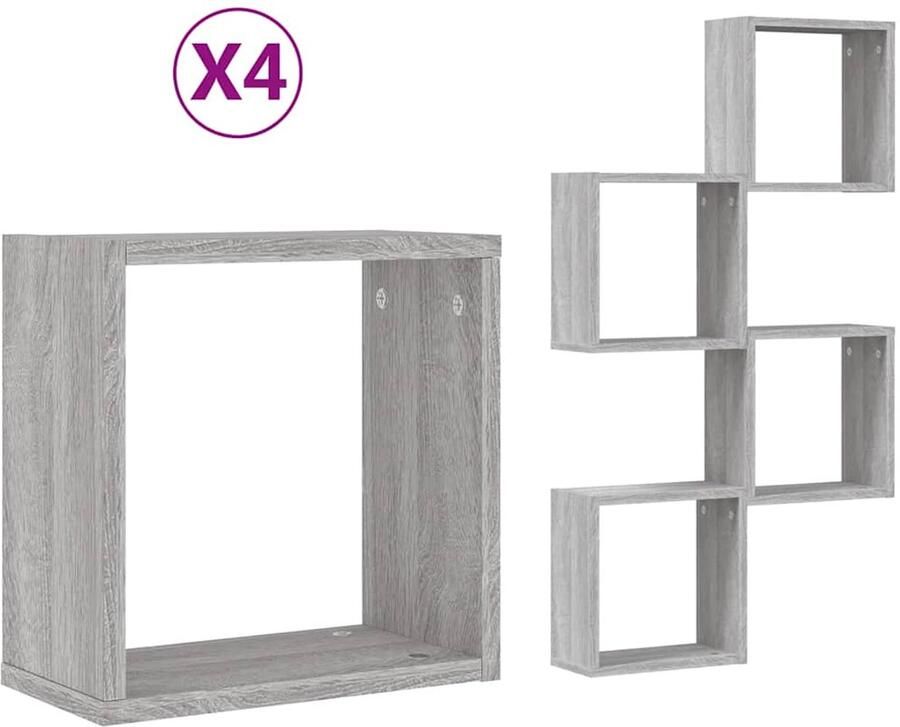 The Living Store Wandkubusplanken 4 st 30x15x30 cm grijs sonoma Wandplank Wanddecoratie Opbergkast Houtschilderij Minimalistisch Meubilair