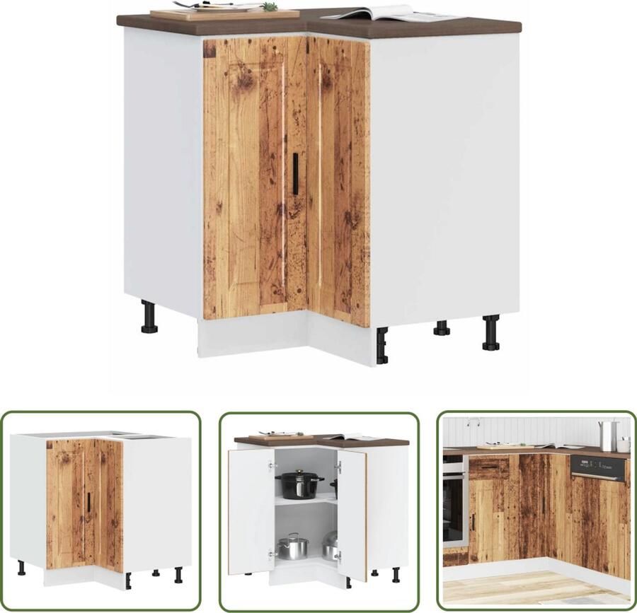 The Living Store Keuken hoekonderkast Porto bewerkt hout oud houtkleurig Keukenhoekonderkast Keukenkasten Opslagoplossing Houten Kast Vintage Stijl - Foto 2