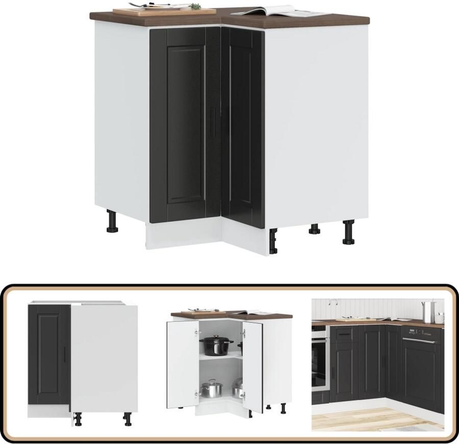 VidaXL Keuken Hoekonderkast Porto Zwart 75 5x75 5x81 5 cm Keukenhoekonderkast Zwarte Keukenkasten Houten Keukenkast Opslagoplossing Keuken Keukenmeubilair
