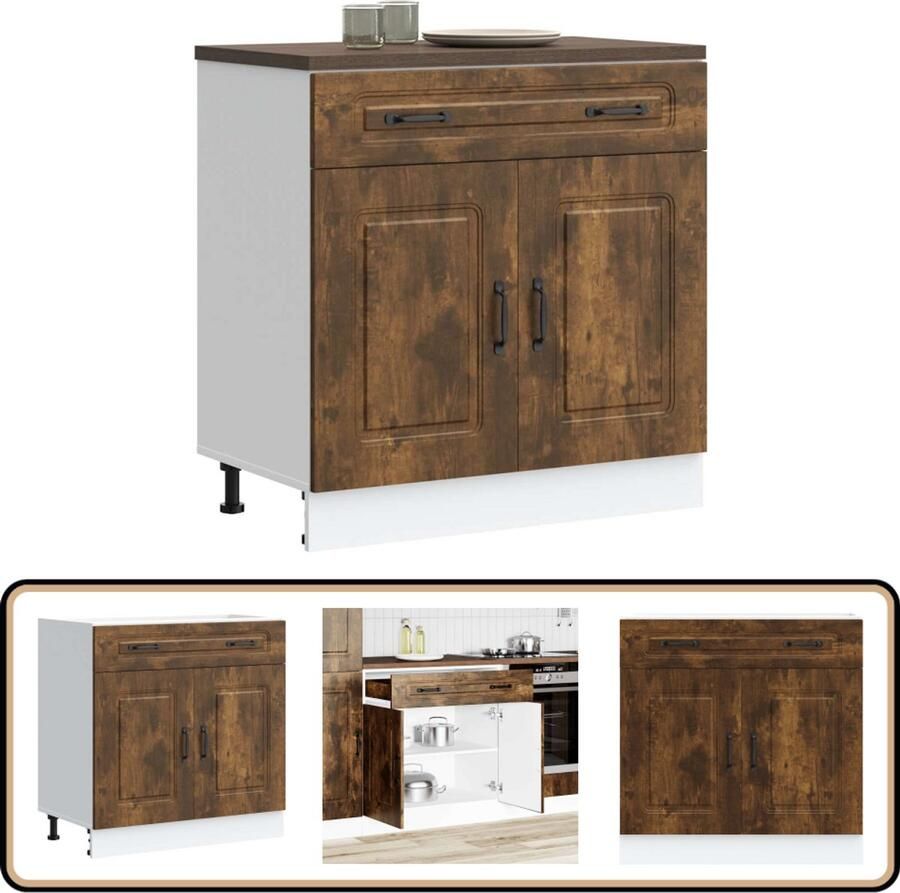 The Living Store Keuken onderkast Kalmar bewerkt hout gerookt eikenkleurig Keukenonderkast Houten Keuken Opslagruimte Keuken Keukenmeubel Kalmar Serie