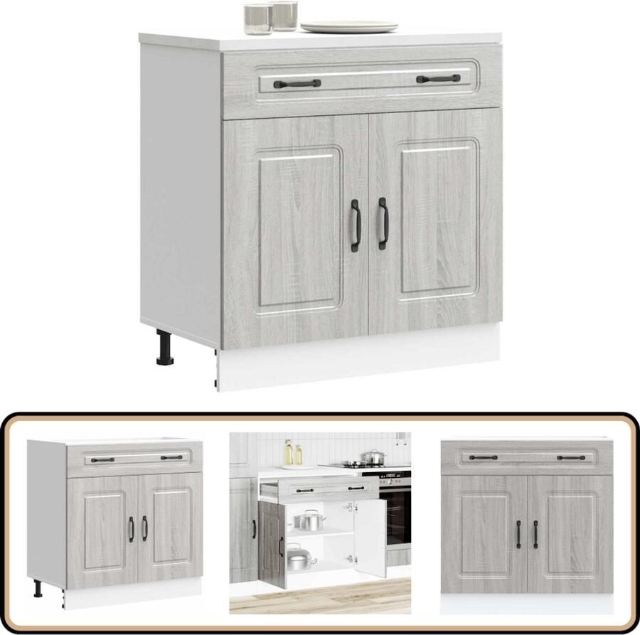 VidaXL Keuken onderkast Kalmar Grijs eiken 80 cm Keukenonderkast Houten Keukenkasten Opslagruimte Keuken Grijze Keukenkast Sonoma Eiken