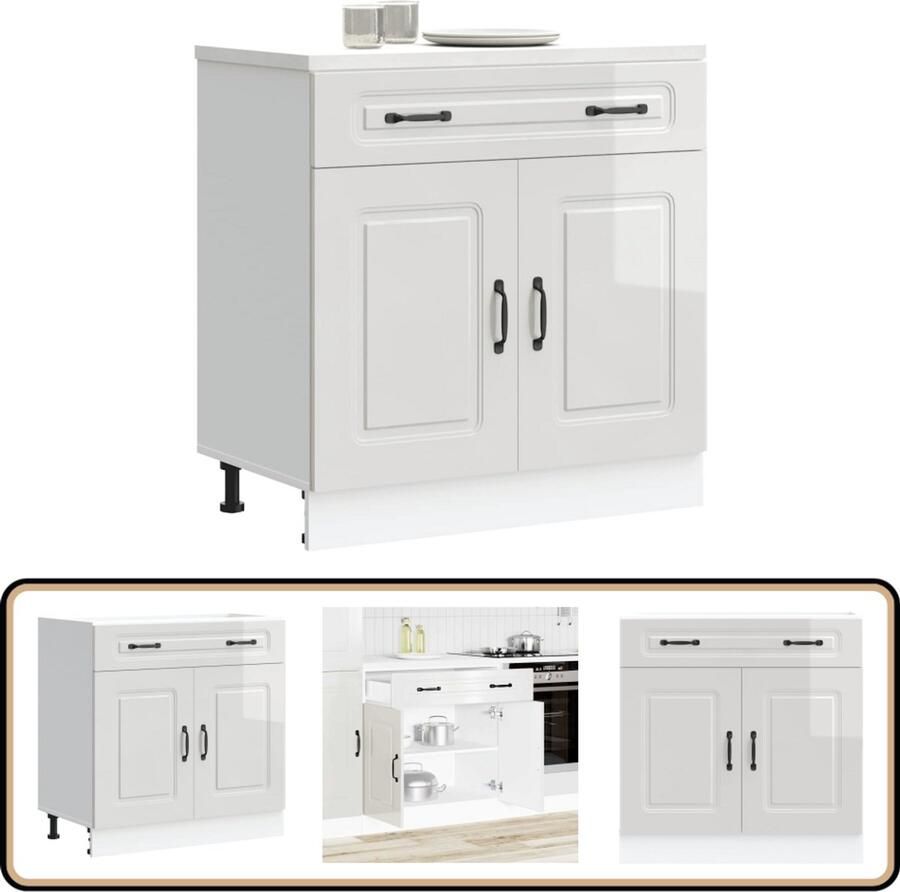 VidaXL Keuken onderkast Kalmar Hoogglans wit 80 cm Keukenonderkast Houten Keukenkasten Witte Keukenkast Opslagoplossing Keuken Kalmar Serie