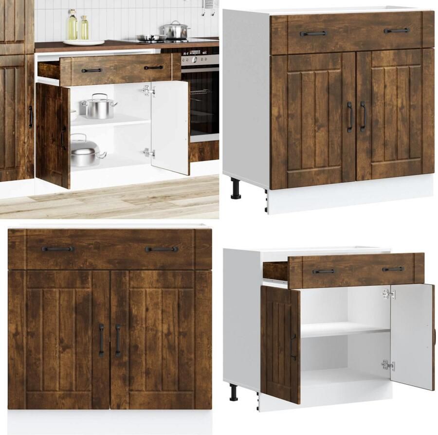 VidaXL Keuken onderkast Lucca bewerkt hout gerookt eikenkleurig Keuken Onderkast Keuken Onderkasten Spoelbak Onderkast Gootsteen Onderkast