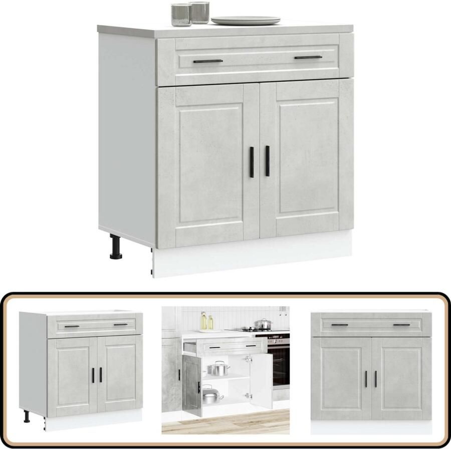 VidaXL Keuken onderkast Porto Bewerkt hout Grijs Keukenonderkast Houten Keukenkast Opslagoplossing Keuken Keukenmeubel Betongrijze Keuken