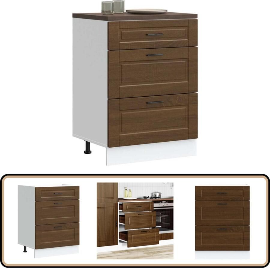 VidaXL Keuken onderkast Porto Bruin Eiken 60 cm Keukenonderkast Houten Keukenkast Opslagruimte Keuken Bruine Eiken Kleur Verstelbare Poten