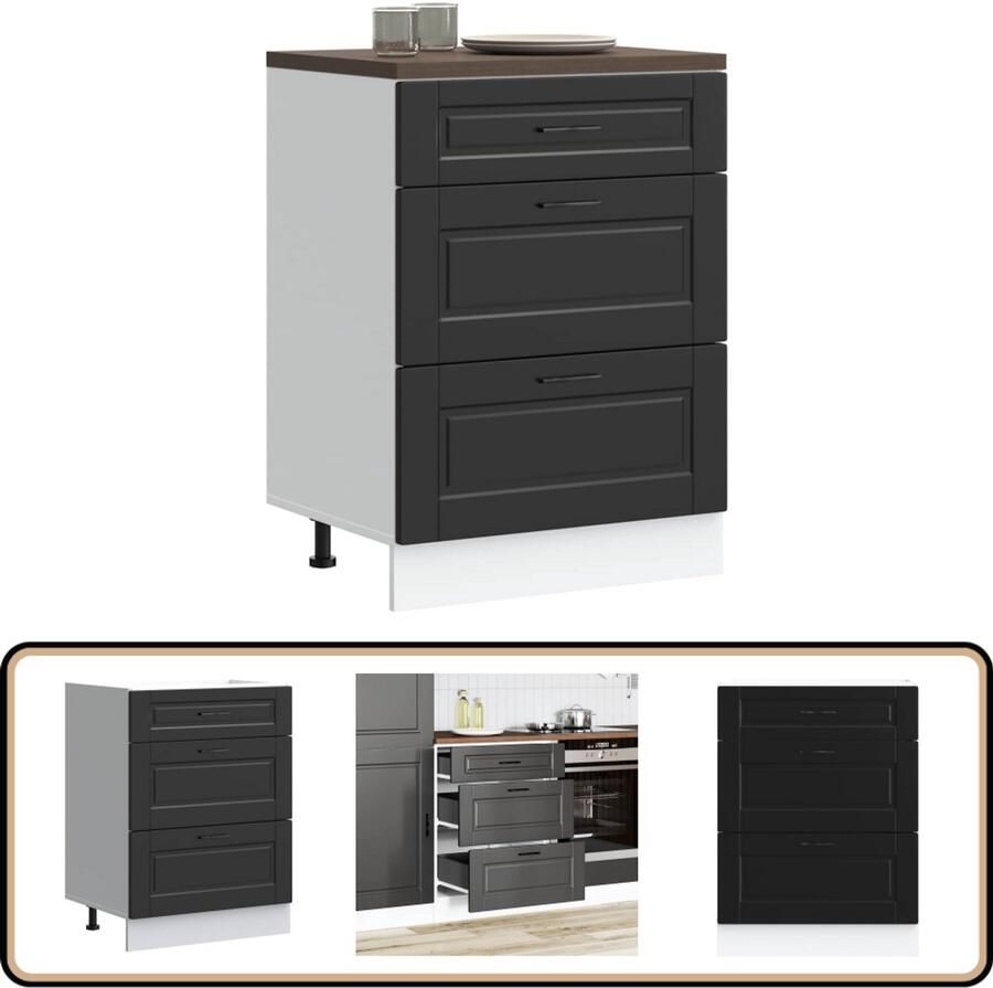 VidaXL Keuken onderkast Porto zwart 60 cm Keukenonderkast Zwarte Keukenkasten Houten Keukenkasten Opslagoplossing Keuken Keukenmeubels