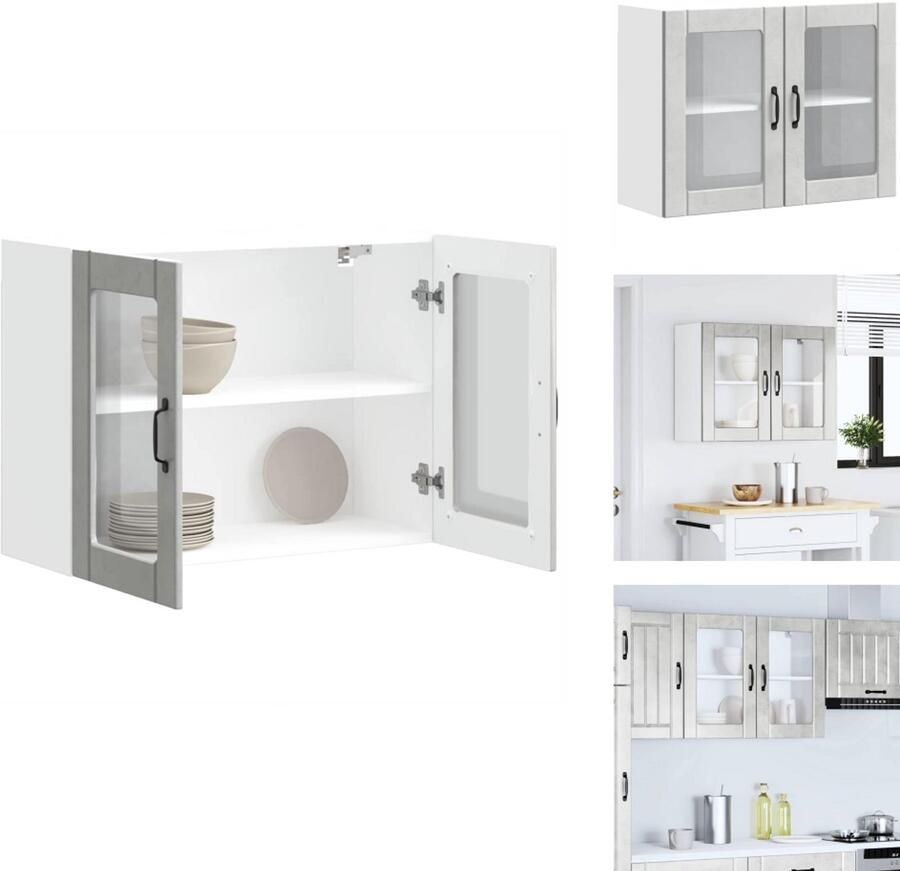 VidaXL Keuken Wandkast Keuken Wandkasten Keuken Wandmeubel Gemonteerde Wandkast Keukenwandkast met glazen deur Lucca bewerkt hout betongrijs - Foto 2