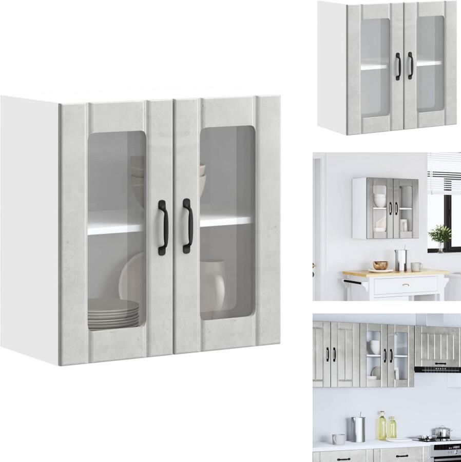 VidaXL Keuken Wandkast Keuken Wandkasten Keuken Wandmeubel Gemonteerde Wandkast Keukenwandkast met glazen deur Lucca bewerkt hout betongrijs