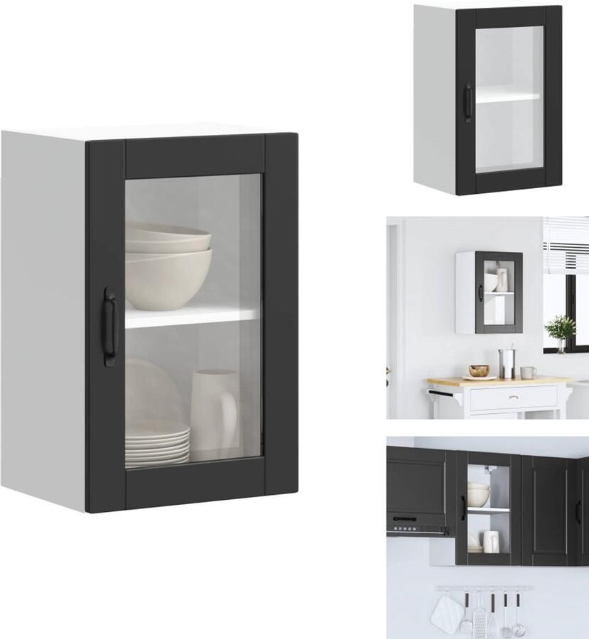 VidaXL Keuken Wandkast Keuken Wandkasten Keuken Wandmeubel Gemonteerde Wandkast Keukenwandkast met glazen deur Porto zwart