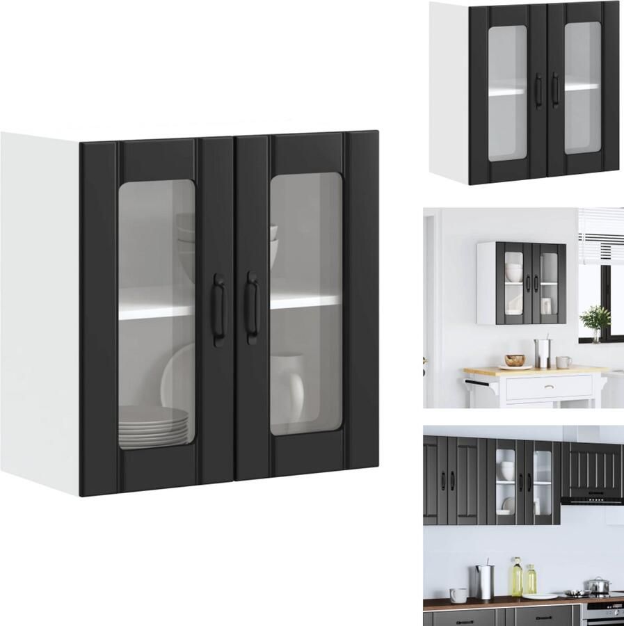 VidaXL Keuken Wandkast Keuken Wandkasten Keuken Wandmeubel Gemonteerde Wandkast Keukenwandkast met glazen deur Lucca bewerkt hout zwart