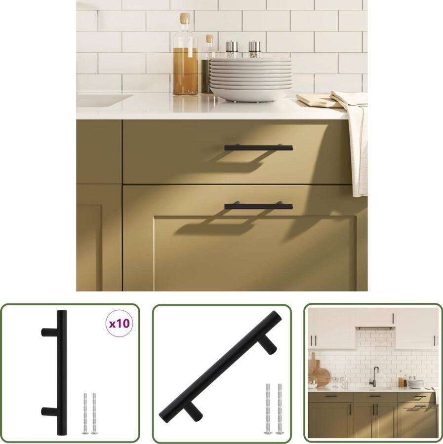 VidaXL Handvatten 10 st 96 mm roestvrij staal zwart Handvatten Keukenkast Ladegreep Roestvrij Staal Zwarte Handvatten
