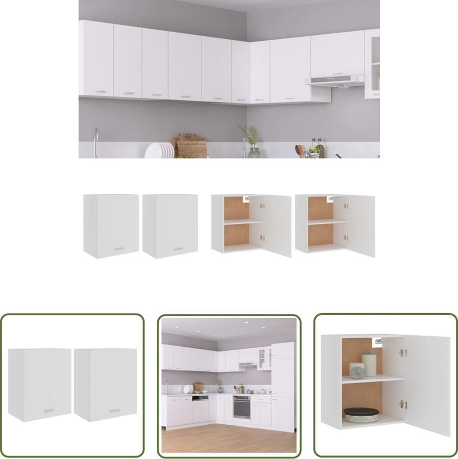 The Living Store Hangkasten Lyon 2 st 50x31x60 cm bewerkt hout wit Keukenopberg Hangkasten Witte Keuken Houten Kast Keukenkast Set