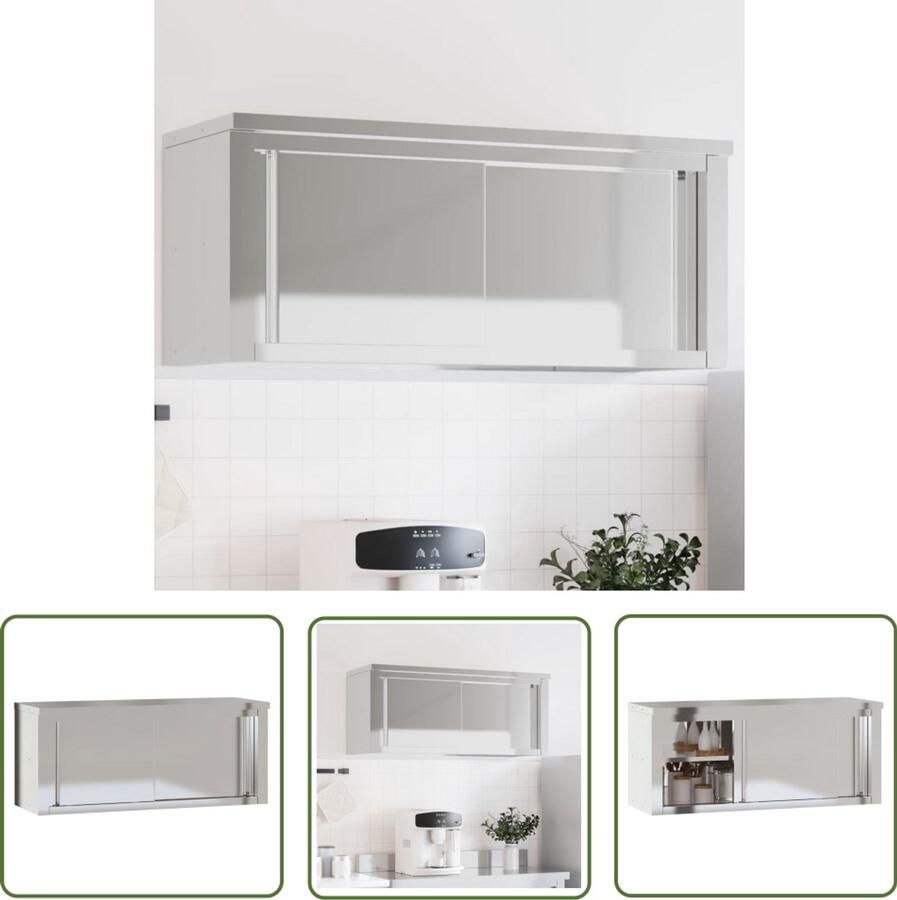 The Living Store Keukenwandkast met schuifdeuren roestvrijstaal Keukenopbergkast Wandkast Roestvaststalen Kast Schuivendeurkasten Keukeninrichting