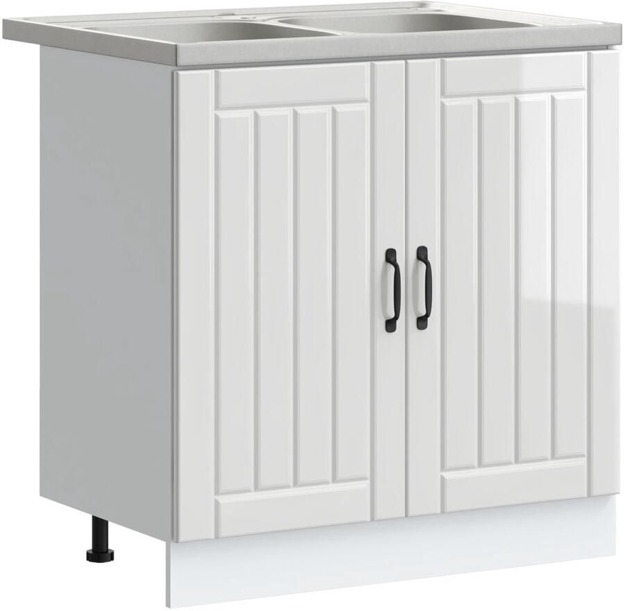 VidaXL Keukenkast Lucca met Dubbele Wasbakken Hoogglans Wit Gelaagd Hout