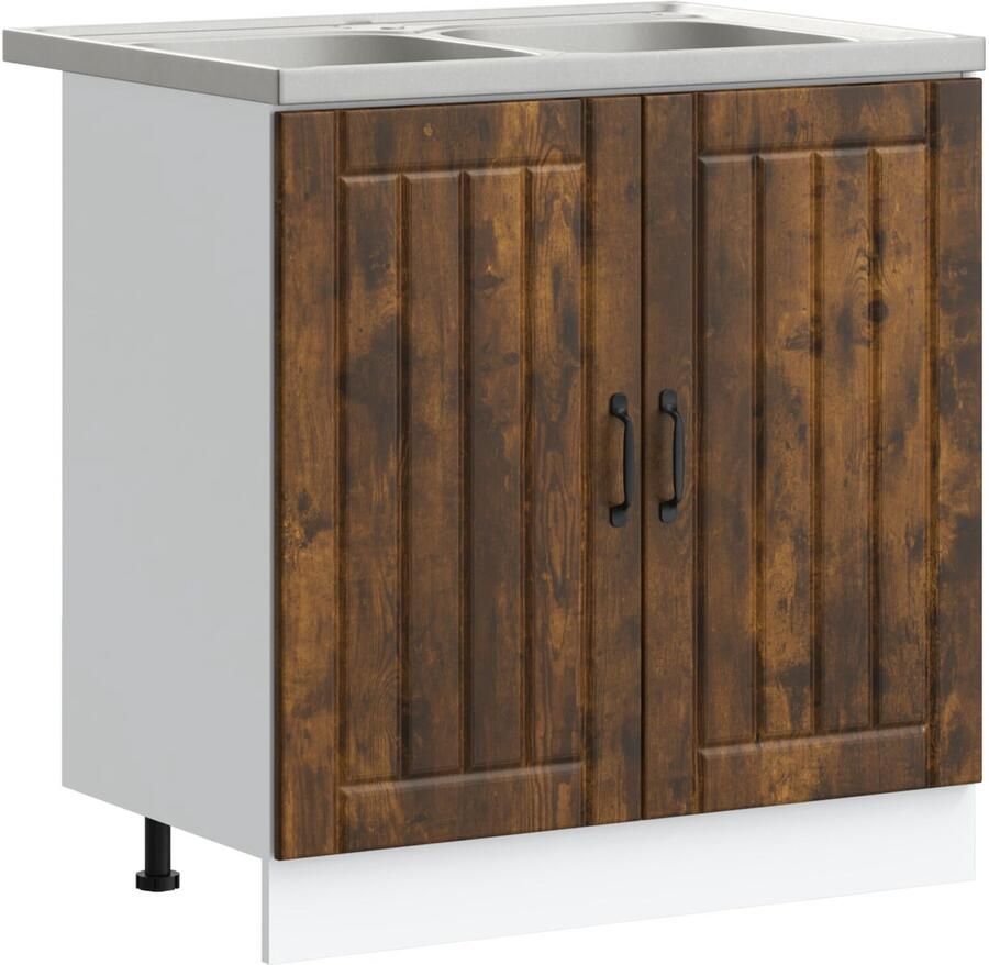VidaXL Keukenkast 'Lucca' met Dubbele Wasbakken in Gerookt Eikenhout