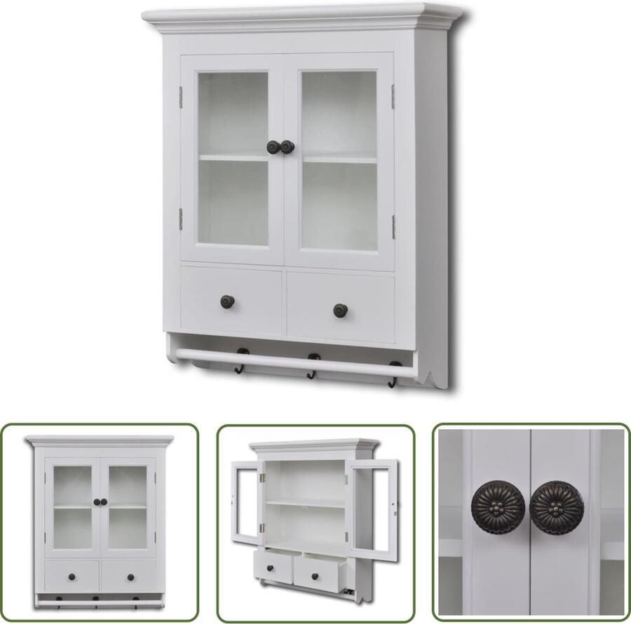 The Living Store Keukenwandkast met glazen deur hout wit Keuken Kast Wandkast Opslagoplossing Keukenuitrusting Vintage Kast