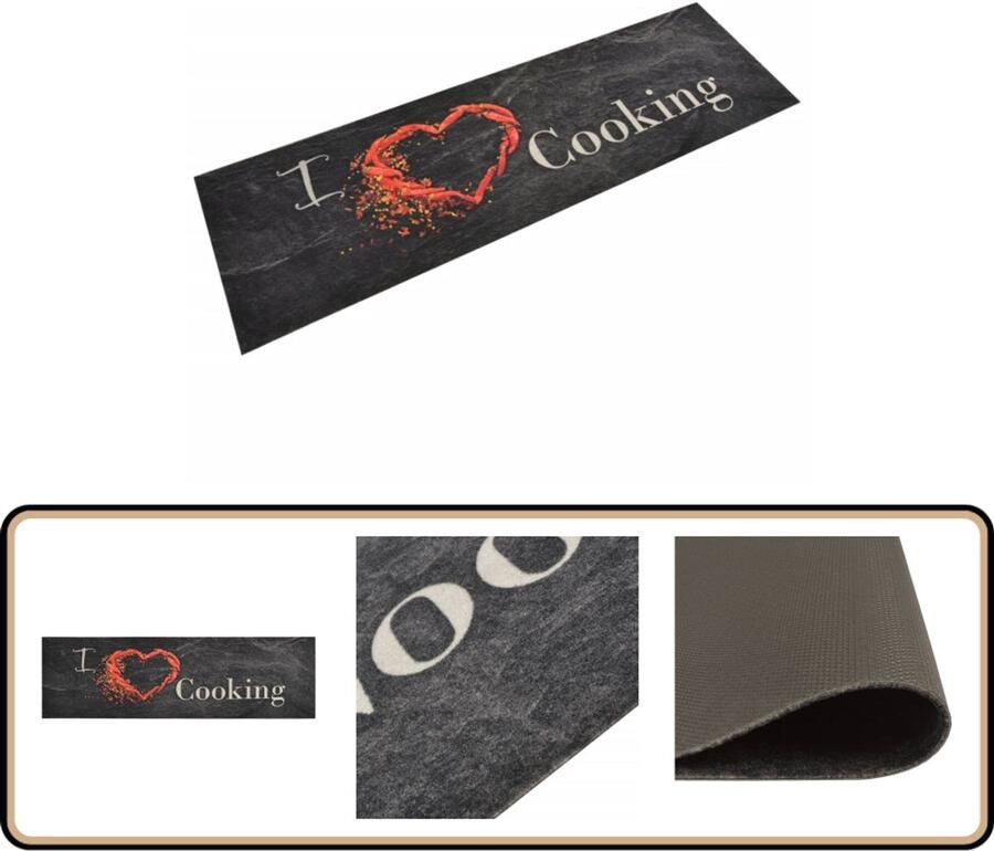 VidaXL Keukenmat Cooking-print 45x150 cm Zwart Keukenmat Vloerkleden Antislip Mat Keukentrends Zwarte Keukenmat