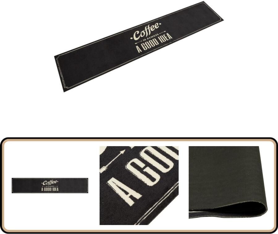 VidaXL Keukenmat Wasbaar Koffietekst 60x300 cm Keukenmat Vloerkleden Antislip Mat Keukenvloer Zwarte Keukenmat