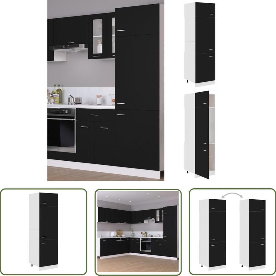 The Living Store Koelkastkast Lyon 60x57x207 cm bewerkt hout zwart Keukenopbergkast Zwarte Kast Houten Kast Opslagkast Kookeilandkast