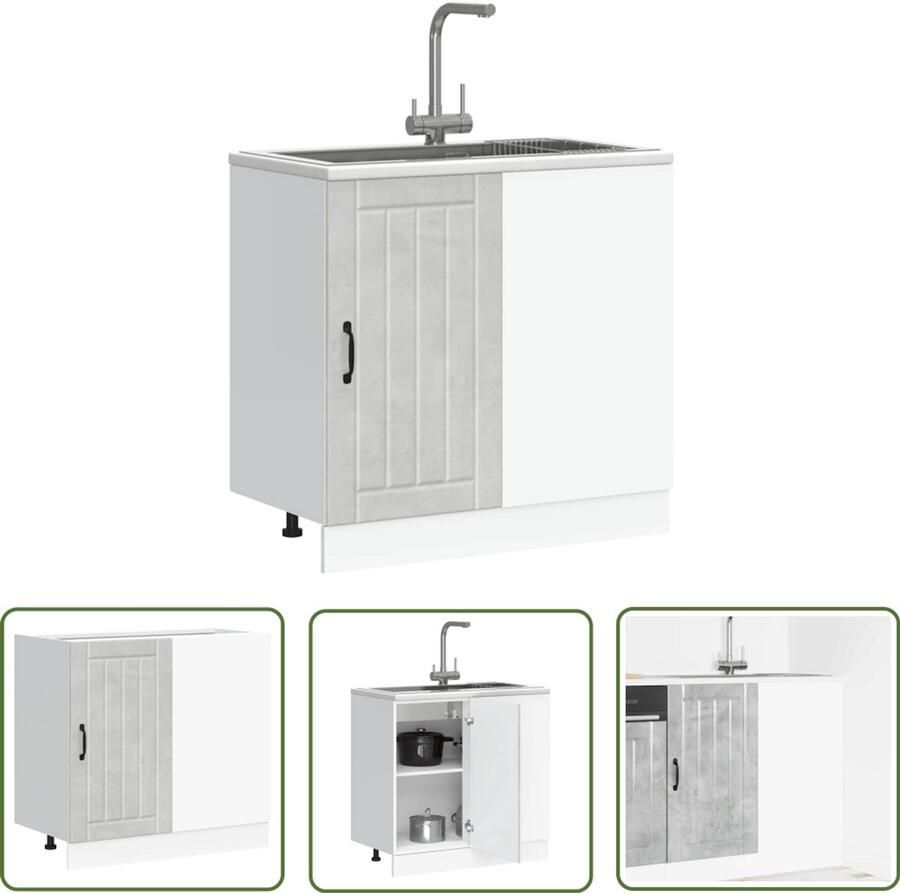 The Living Store Spoelbakonderkast Lucca bewerkt hout betongrijs Spoelbakonderkast Keukenmeubel Houten Kast Opslagruimte Betongrijs