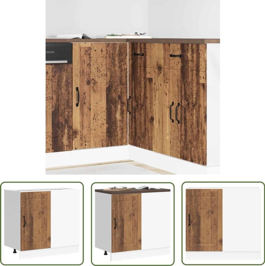 The Living Store Keuken onderkast Kalmar bewerkt hout oud houtkleurig Keukenonderkast Houten Keukenkasten Opslagoplossing Keuken Kalmar Serie Keukenmeubilair