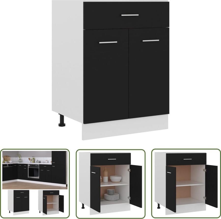The Living Store Onderkast met lade Lyon 60x46x81 5 cm bewerkt hout zwart Keukenopbergkast Lades Houten Kast Zwarte Kast Kookeiland Opslag