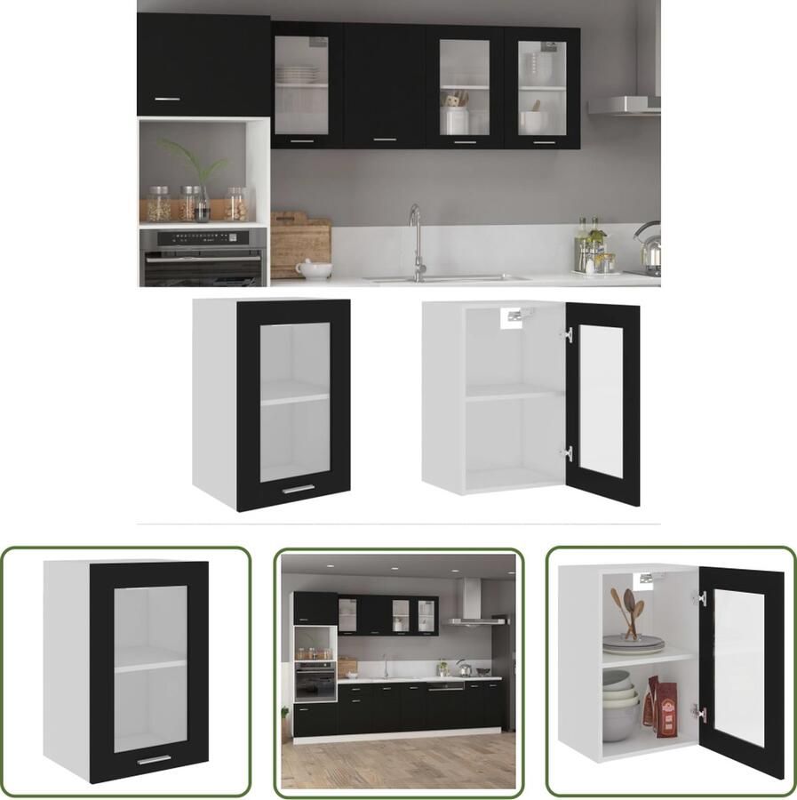 The Living Store Hangkast Lyon 40x31x60 cm bewerkt hout zwart Hangkast Keukenopbergruimte Wandmontage Houten Kast Glazen Kastdeur