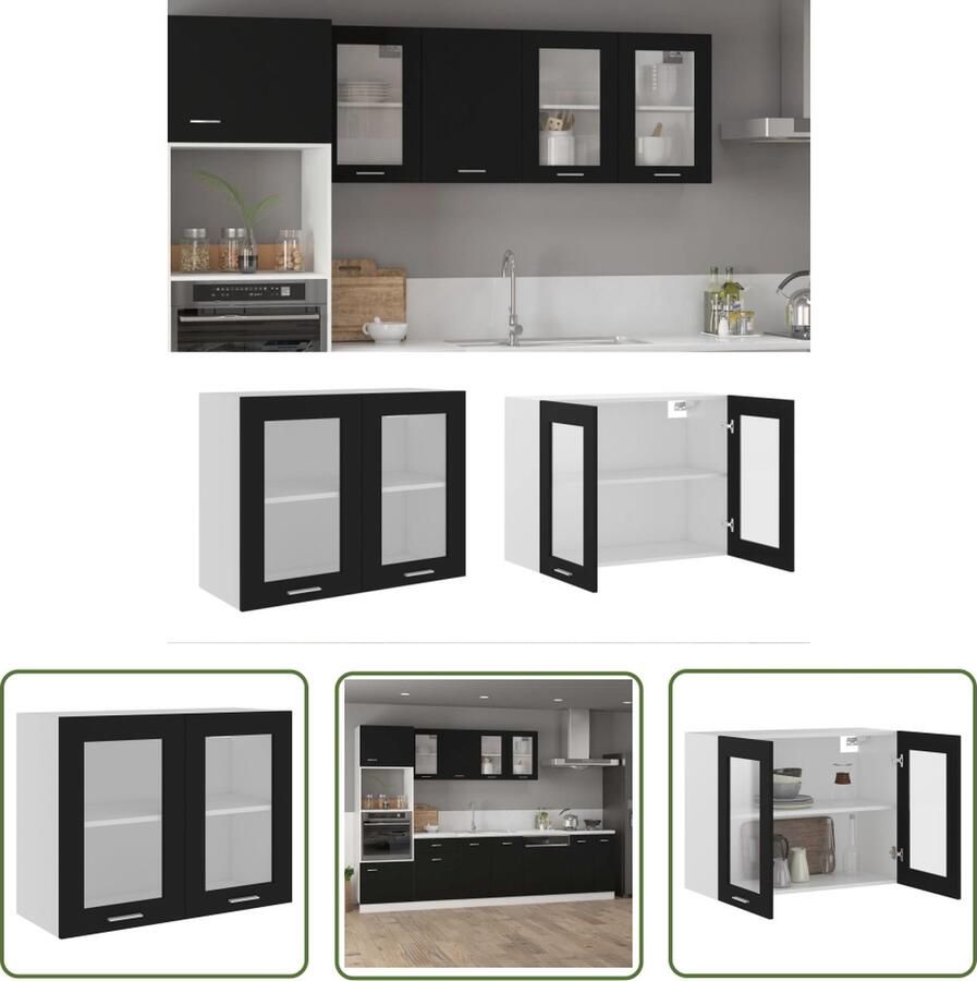 The Living Store Hangkast Lyon 80x31x60 cm bewerkt hout zwart Hangkast Keukenopbergkast Opbergkast Badkamerkast Keukeninrichting