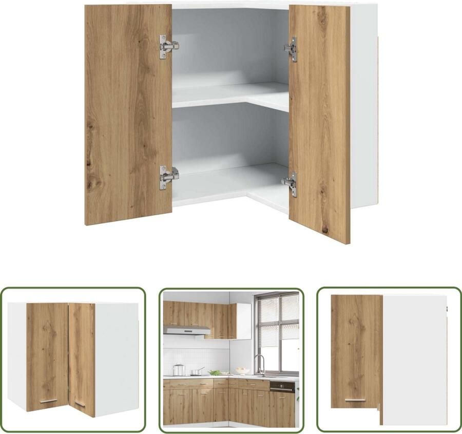 The Living Store Hanghoekkast 57x57x60 cm bewerkt hout artisanaal eikenkleur Hangkast Hoekkast Keukenopbergruimte Houten Kast Kunststof Kast
