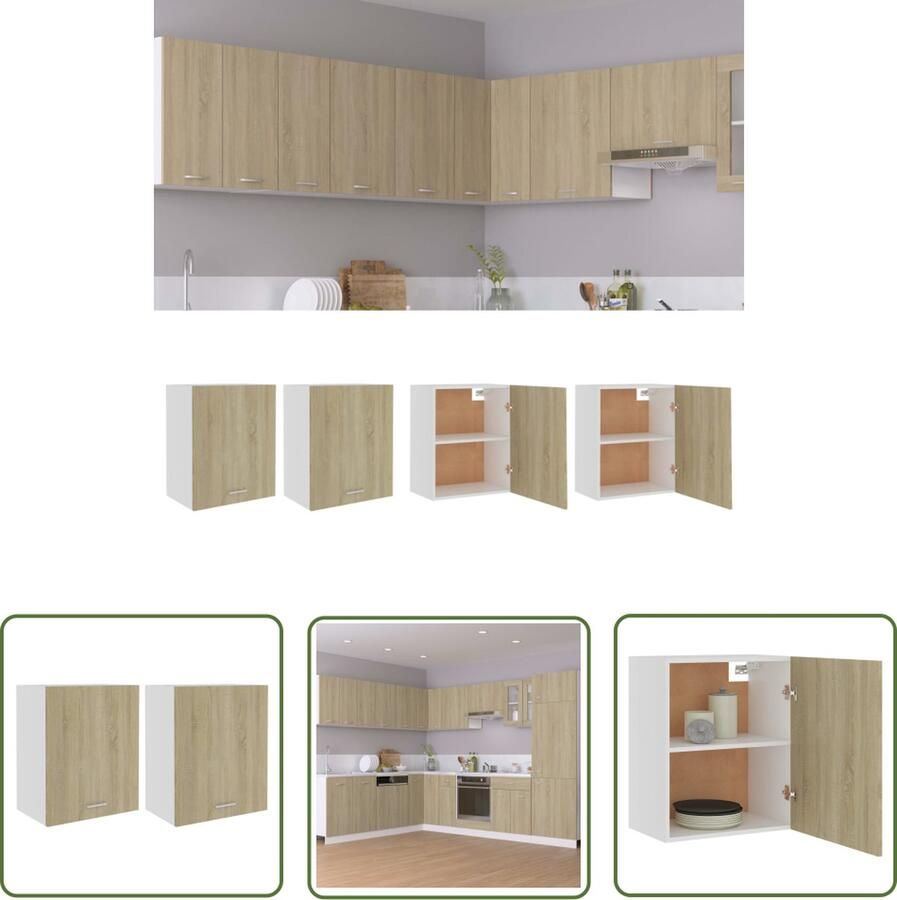 The Living Store Hangkasten 2 st 50x31x60 cm bewerkt hout sonoma eikenkleurig Keukenopbergruimte Hangkasten Keukenkast Sonomaeik Houten Kast