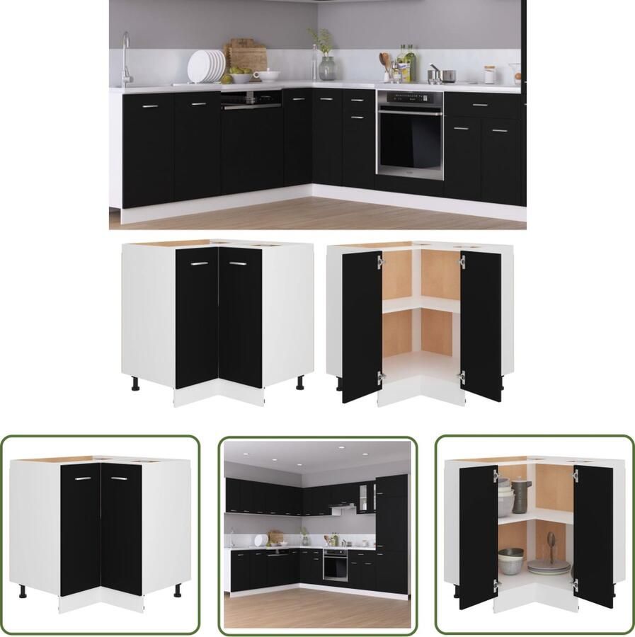 The Living Store Hoekonderkast Lyon 75 5x75 5x81 5 cm bewerkt hout zwart Opbergkast Keukenmeubel Kookeiland Houten Kast Zwarte Kast