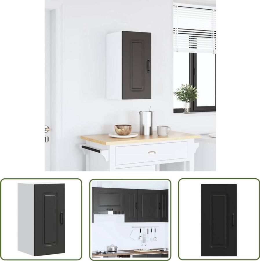 The Living Store Keukenwandkast Kalmar bewerkt hout zwart Keukenwandkast Houten Kast Opbergkast Keukenopstelling Zwarte Kast