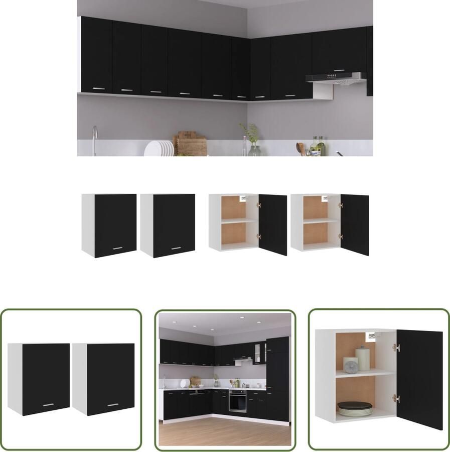 The Living Store Hangkasten Lyon 2 st 50x31x60 cm bewerkt hout zwart Hangkasten Keukenopslag Opslagkast Badkamerkast Houten Kast